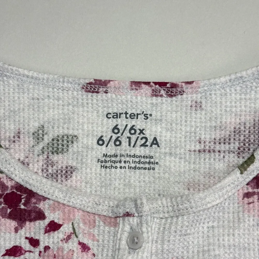 Carters Girls Sz 6/6x Thermal Waffleknit Grey Pink Floral Long Sleeve Shirt